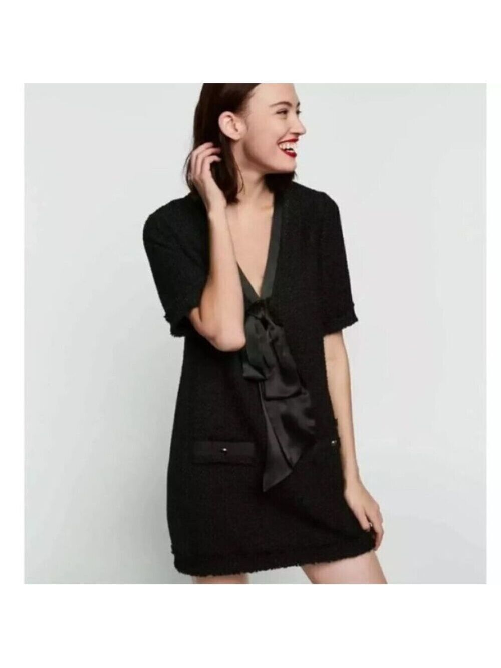Zara Woman Elegant Black Tweed Dress with Satin Bow Size XS